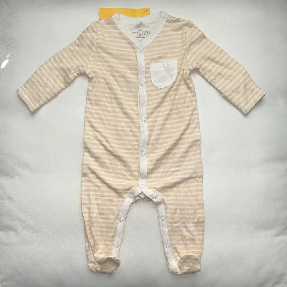 NEW MORI Baby Footie Beige Striped, 0-3 months